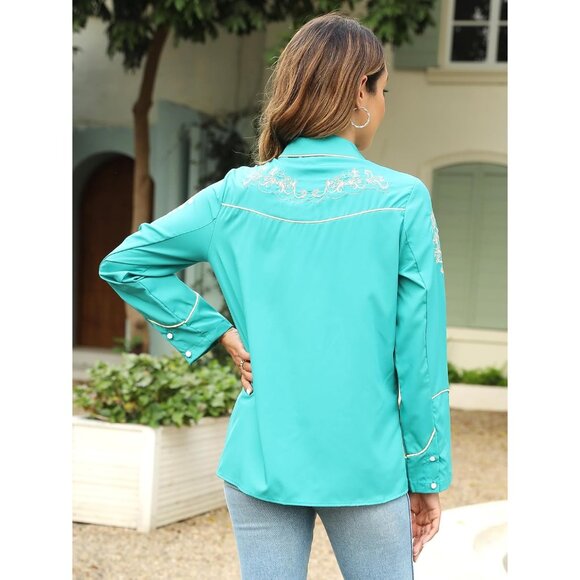 Women's Green Cowgirl Long Sleeve Embroidered Button Up Dressy Blouses Shirts - Picture 7 of 7